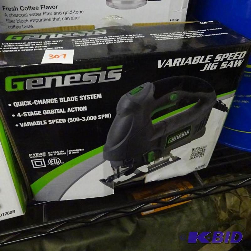 lot 307 image: NEW in box Genesis Variable Speed Jig Saw. Qu...