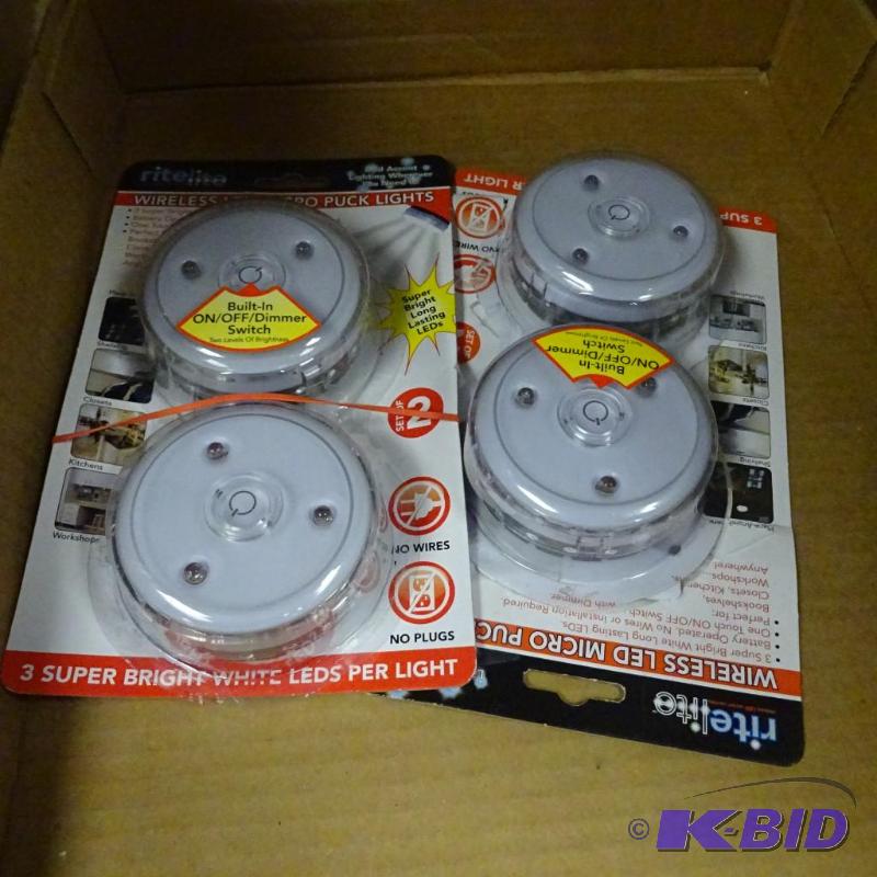 lot 185 image: Qty 4 NEW Wireless Micro LED Puck Lights...