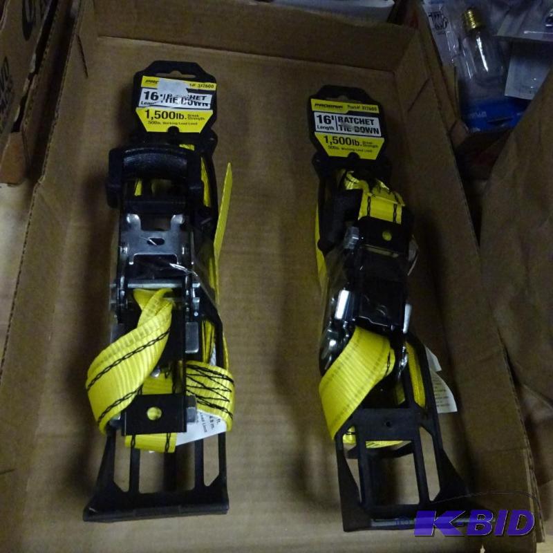 lot 192 image: Qty 2 NEW 16 ft Ratchet TieDowns with S Hooks...