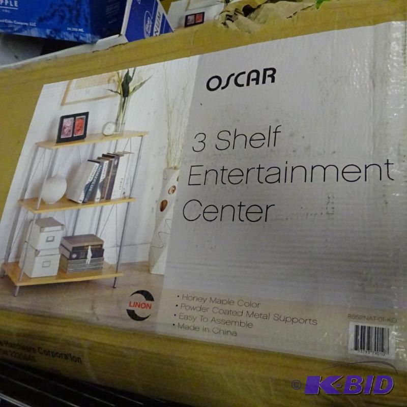 lot 275 image: New in box Linon Oscar Wood Shelf  Entertain...