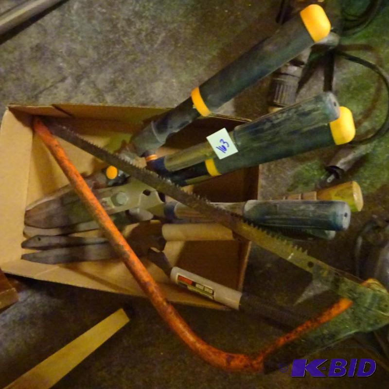 4 hedge clippers. 1 bow saw...