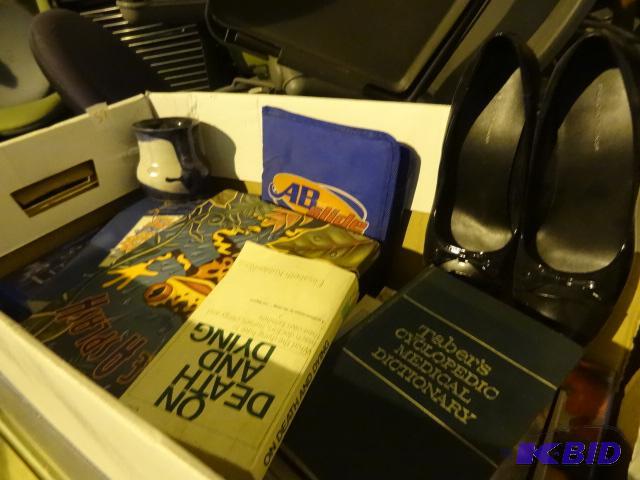 Box of misc books. 1 pair black womens size 1...