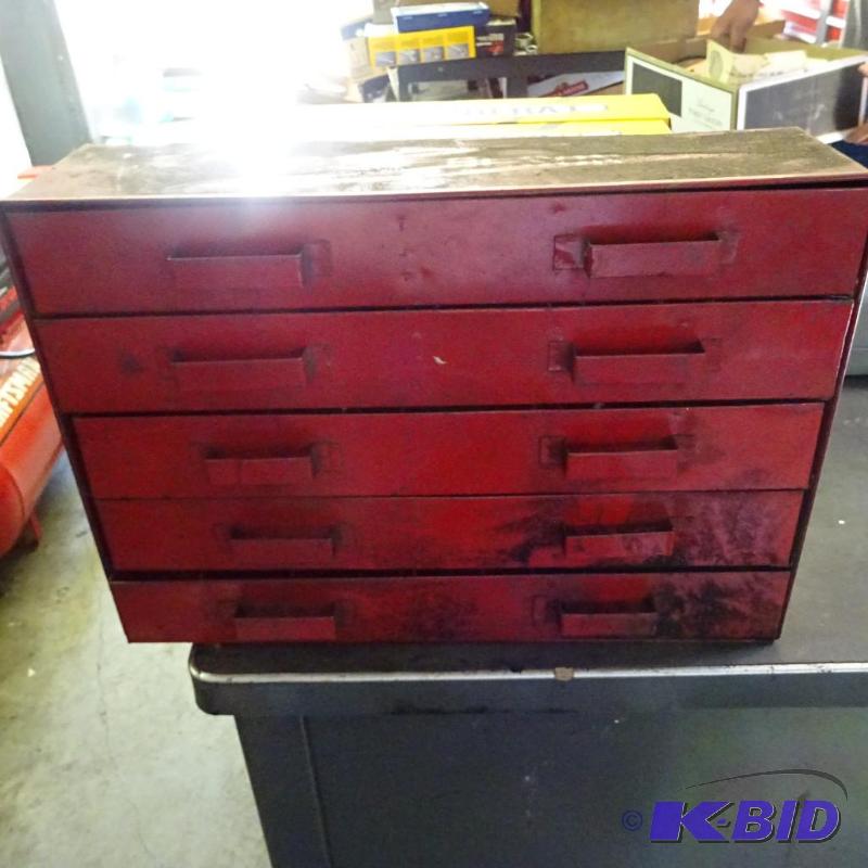 lot 395 image: 4 Drawer Hardware Bin Filled with Misc. Brass...