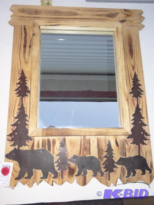 Wood mirror with metal pine trees and bears, ...