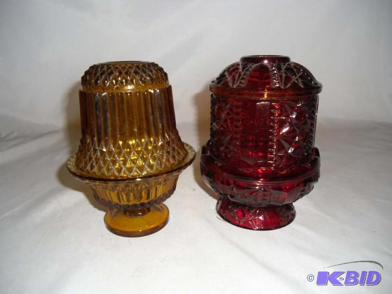 lot 20019 image: 2 vintage Glass Fairy Lamps Diamond Point Amber and Ruby Red with Stars 2 Piece