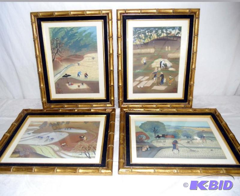 lot 20031 image: Set of 4 framed Asian Art Country Scenes in gold Bamboo frames