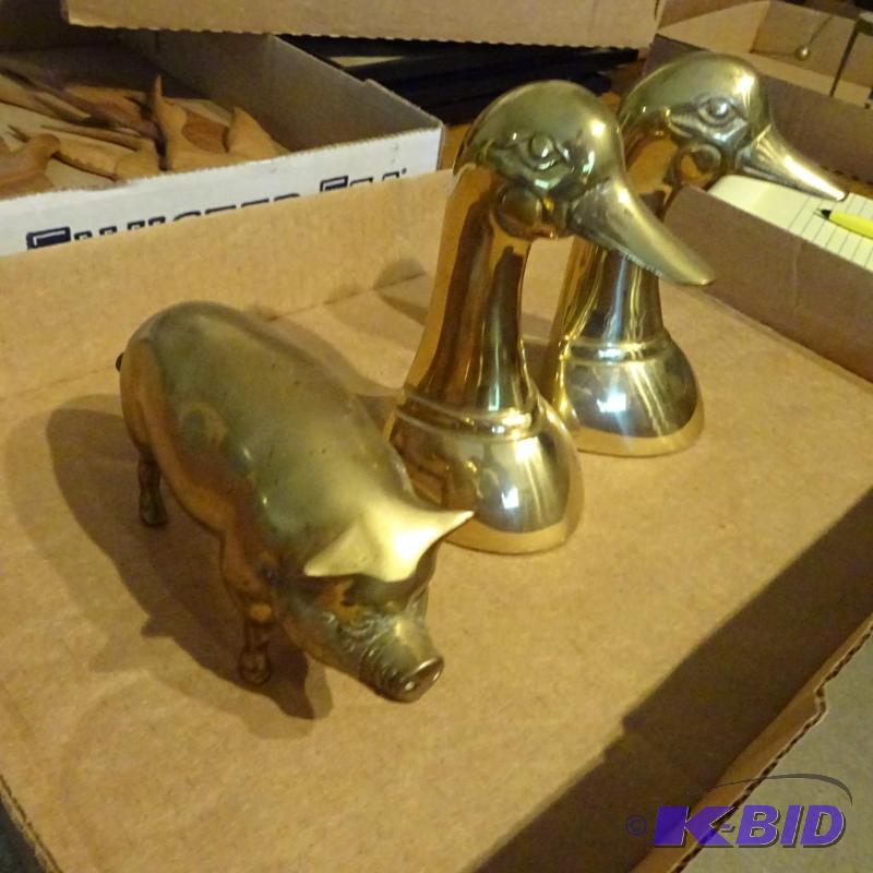 lot 123 image: brass duck book ends, brass pig...