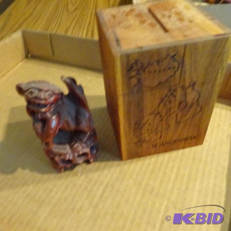 lot 127 image: Scandinavian wood bank music box. Wood carve...