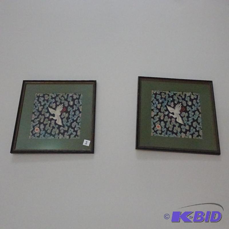 lot 149 image: 2 framed cloth prints. 16x16...