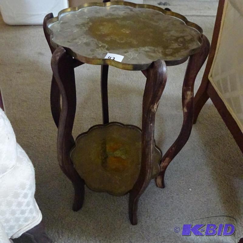 lot 42 image: wood frame end table with 2 brass shelves. 14...