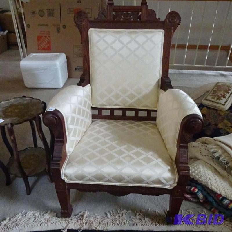 lot 43 image: vintage wood framed chair. Very unique wood w...