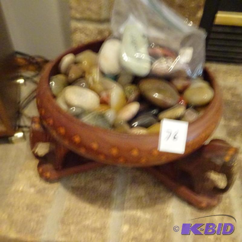 lot 76 image: Decorative wood bowl with hand carved elephan...