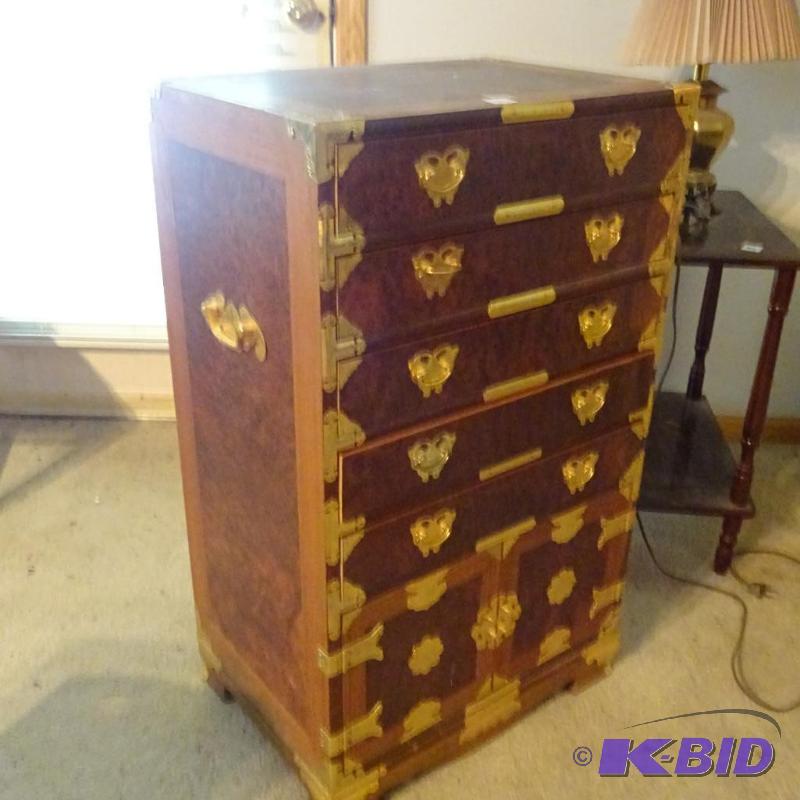 lot 83 image: Wood cabinet with brass hardware. 5 drawers a...