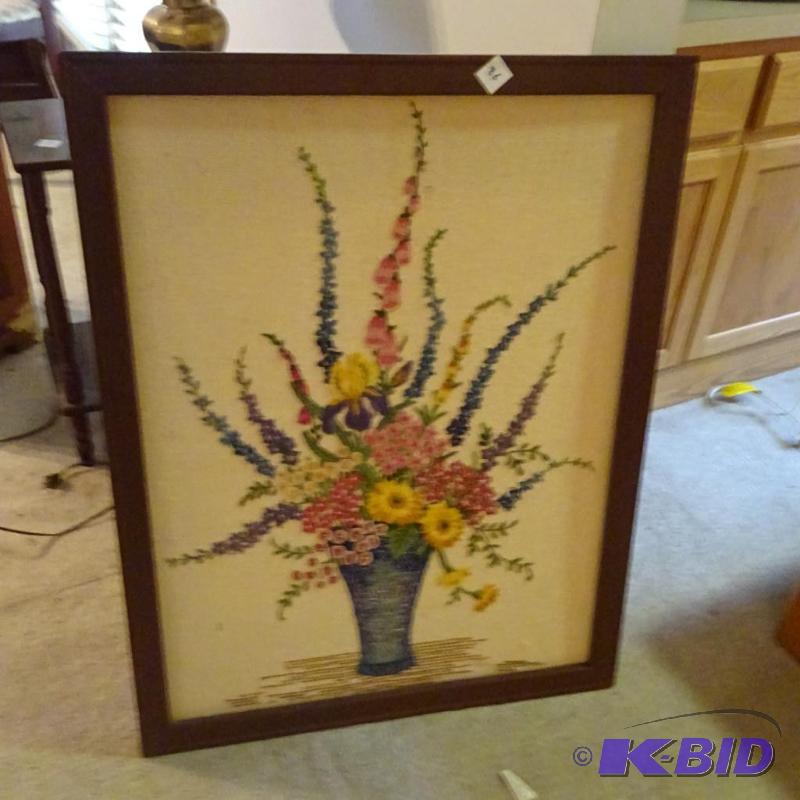 lot 86 image: hand sewn flower picture in frame. 27x35...