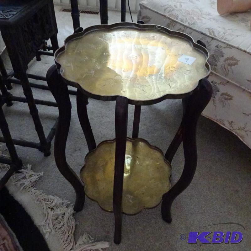 lot 9 image: wood frame end table with 2 brass shelves. 14...