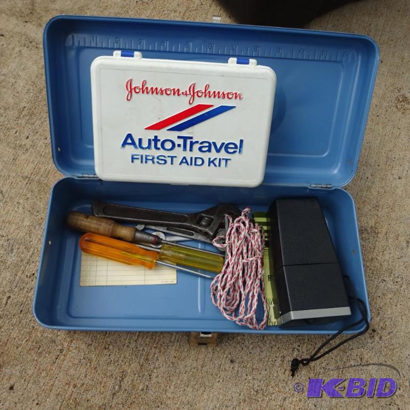 lot 166 image: Metal Tool Box with Tools. First Aid Kit. Fis...