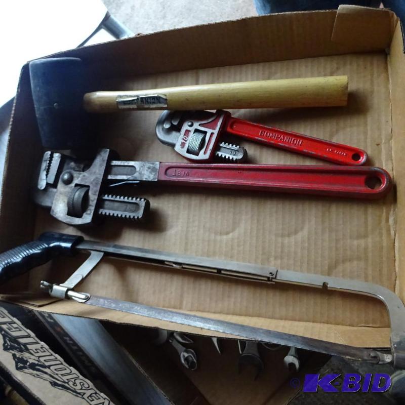 lot 198 image: 2 Pipe wrenches. Rubber Hammer, Hack Saw...