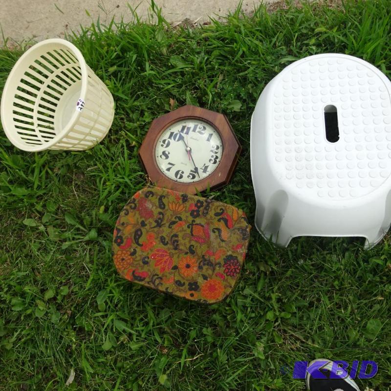 lot 297 image: Wall Clock. Small Basket. 2 Step Stools...