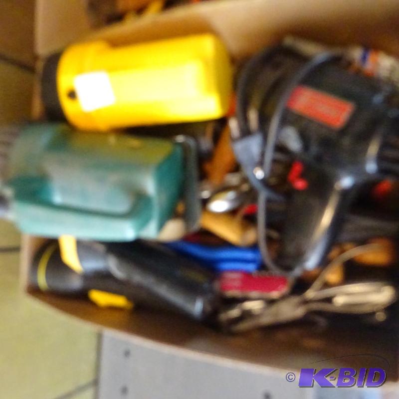 lot 35 image: Box Of Misc Hand Tools, Flashlights, And A Cr...
