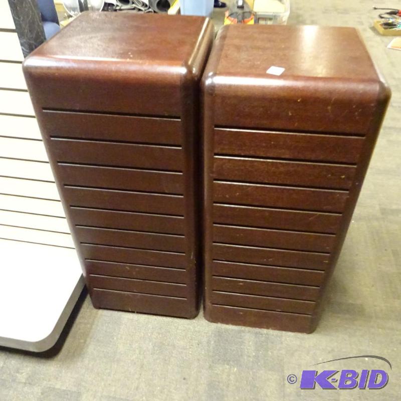 lot 253 image: 2 matching pedestal retail slat wall displays...