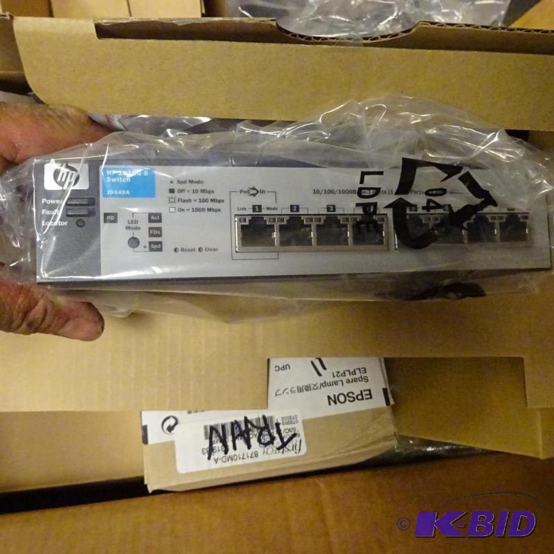 lot 77 image: HP 1810G-8 switch. New. CCTV camera. Qty 3. M...