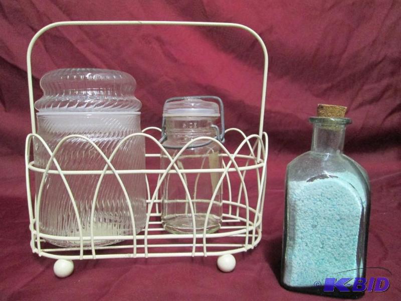 lot 300 image: Lot of vintage jars with cream color wire rac...