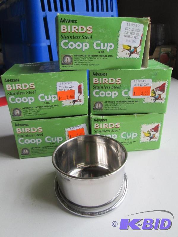 lot 34 image: Lot of 5 ounce stainless steel bird food cups...