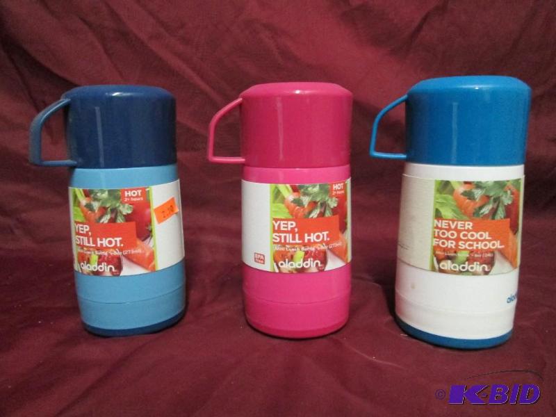 lot 373 image: Lot of 3 Alladin 8 ounce thermos bottles. Sto...