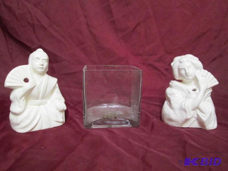 lot 451 image: 2 procelain oriental figures with a clear gla...