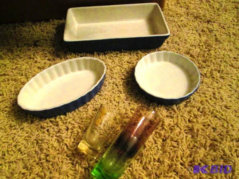 lot 68 image: Blue ceramic dishes with 3 shot glasses...