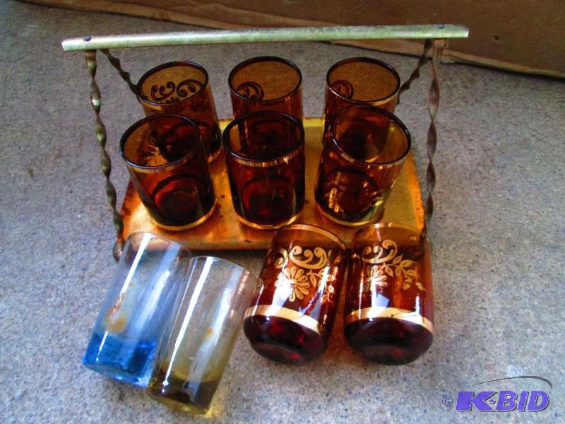 lot 82 image: Assorted vintage shot glasses with holder...