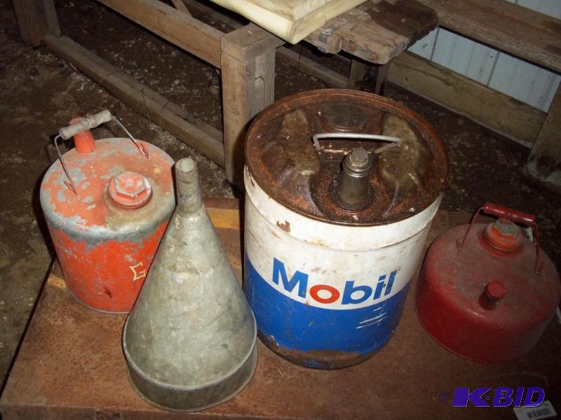 lot 100 image: 3 Gas and oil cans includes a funnel