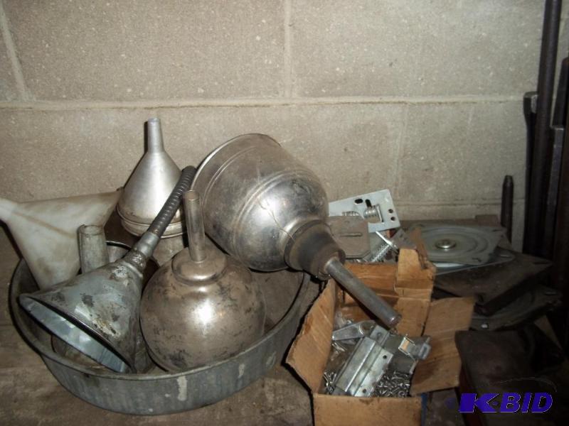 lot 119 image: Misc Funnels, Drain pan, Seat Swivels, Garage Door parts