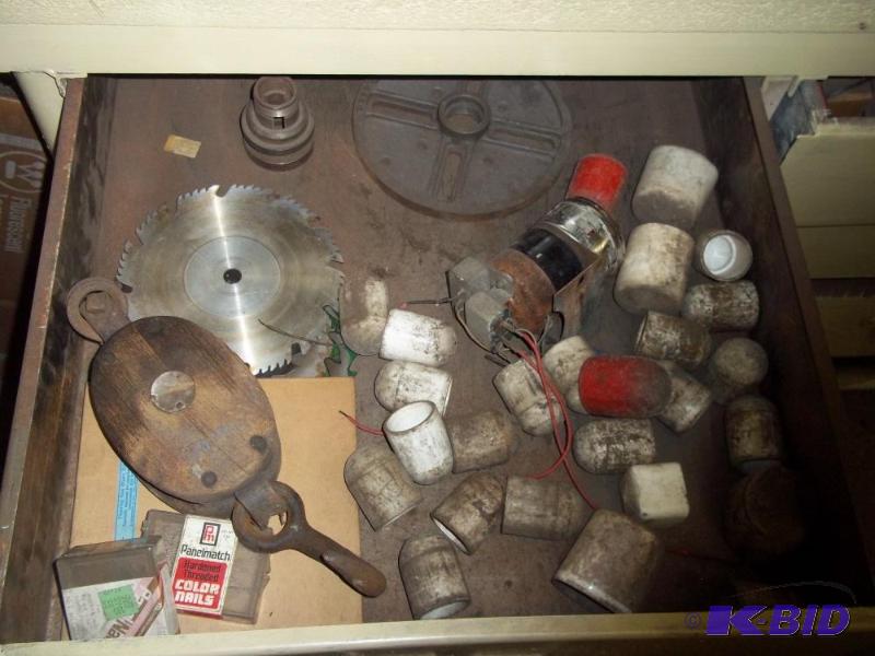 lot 233 image: Drawer with wood block and tackle, dock caps, saw blades