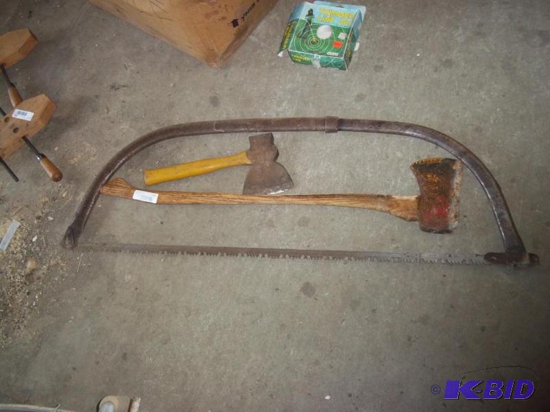 lot 316 image: Axe Hatchet, bow saw