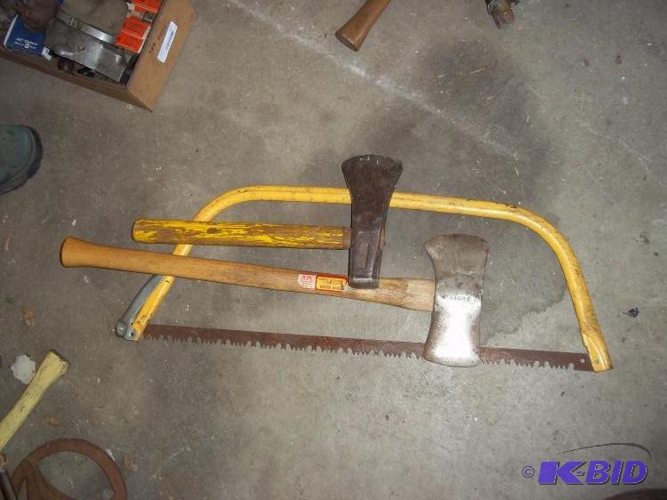 lot 320 image: Axe, bow saw, short handle splitting maul