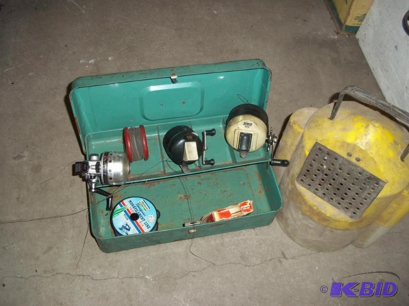 lot 344 image: Tackle box with reels and line and minnow bucket