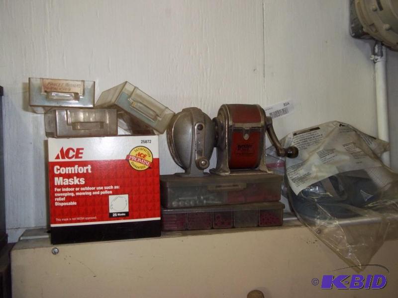 lot 356 image: 2 boxes cement anchors, 2-vintage pencil sharpener, dust masks