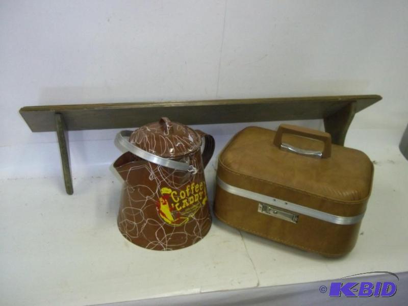 lot 35 image: Luggage, Shelf, Metal coffee pot