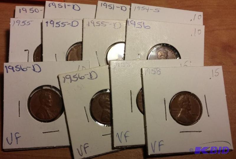 lot 105 image: Lot of 12 carded 1950s wheat pennies-Very Fi...