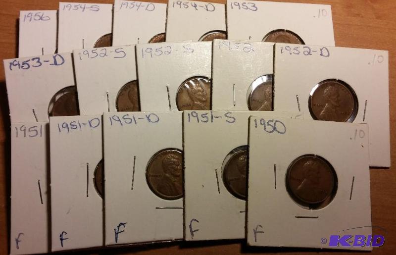 lot 106 image: Lot of 15 carded 1950s wheat pennies-Fine...