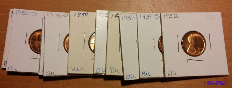 lot 107 image: Lot of 10 carded 1950s wheat pennies-Brillia...