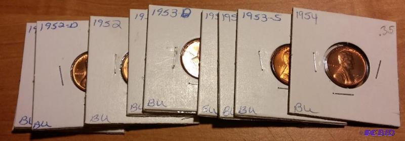 lot 108 image: Lot of 9 carded 1950s wheat pennies-Brillian...