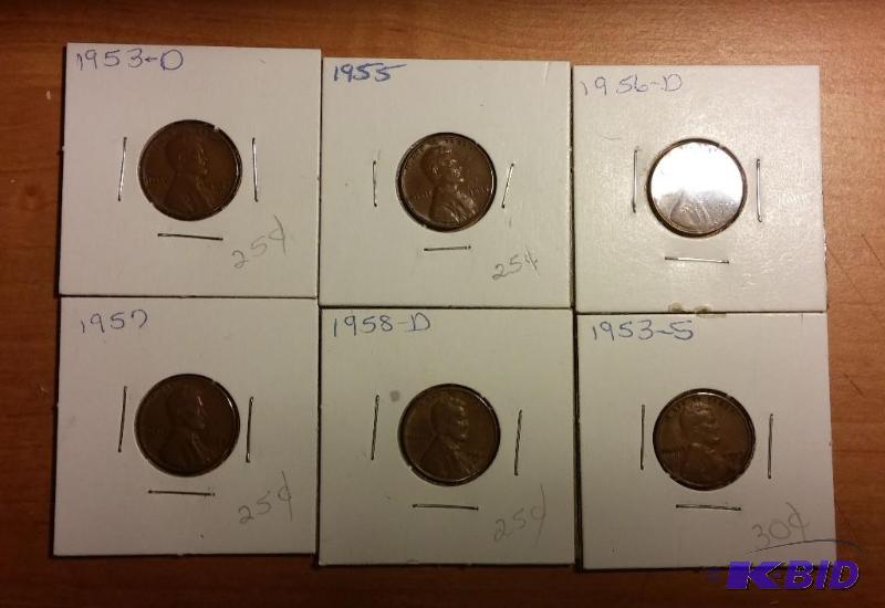 lot 129 image: Lot of 6 Carded Wheat Pennies-Dates as shown...
