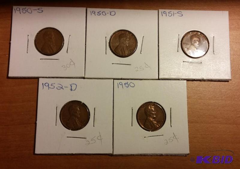 lot 132 image: Lot of 5 Carded Wheat Pennies-Dates as shown...