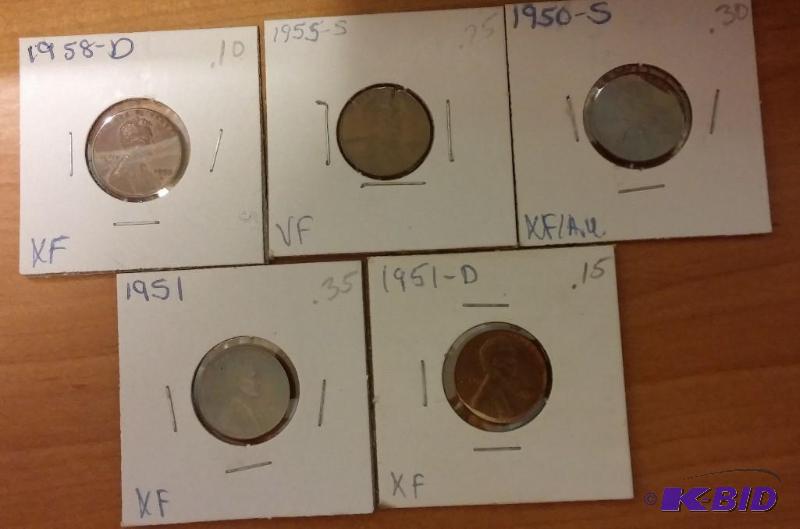 lot 134 image: Lot of 5 Carded Wheat Pennies-Dates as shown-...