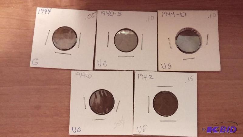 lot 142 image: Lot of 5 Carded Wheat Pennies-Dates as shown-...