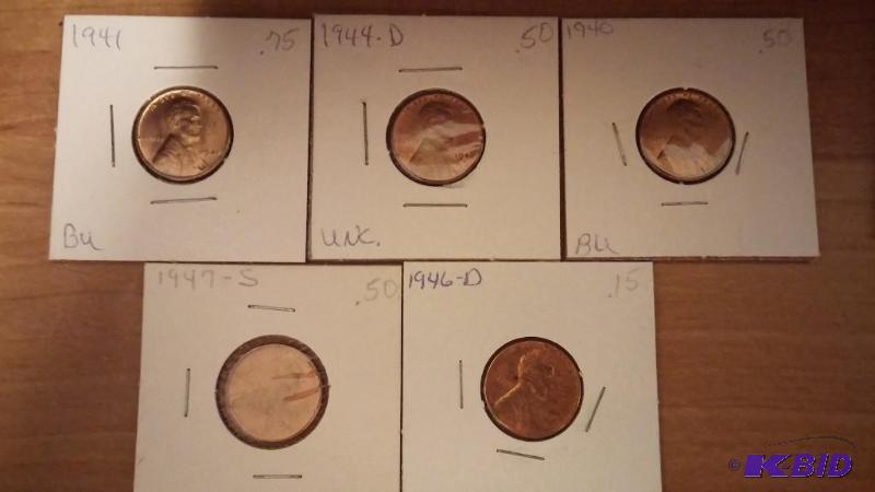 lot 151 image: Lot of 5 Carded Wheat Pennies-Dates as shown-...