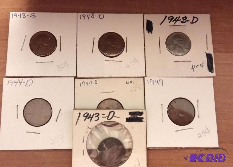 lot 155 image: Lot of 7 Carded Wheat Pennies-Dates as shown...