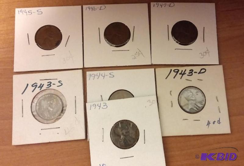lot 156 image: Lot of 7 Carded Wheat Pennies-Dates as shown...